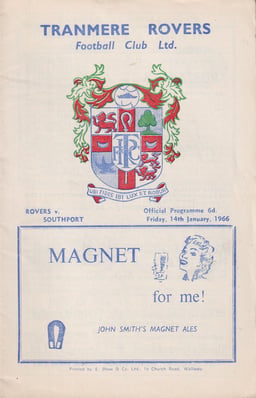 Tranmere Rovers v Southport Match Programme 1966-01-14